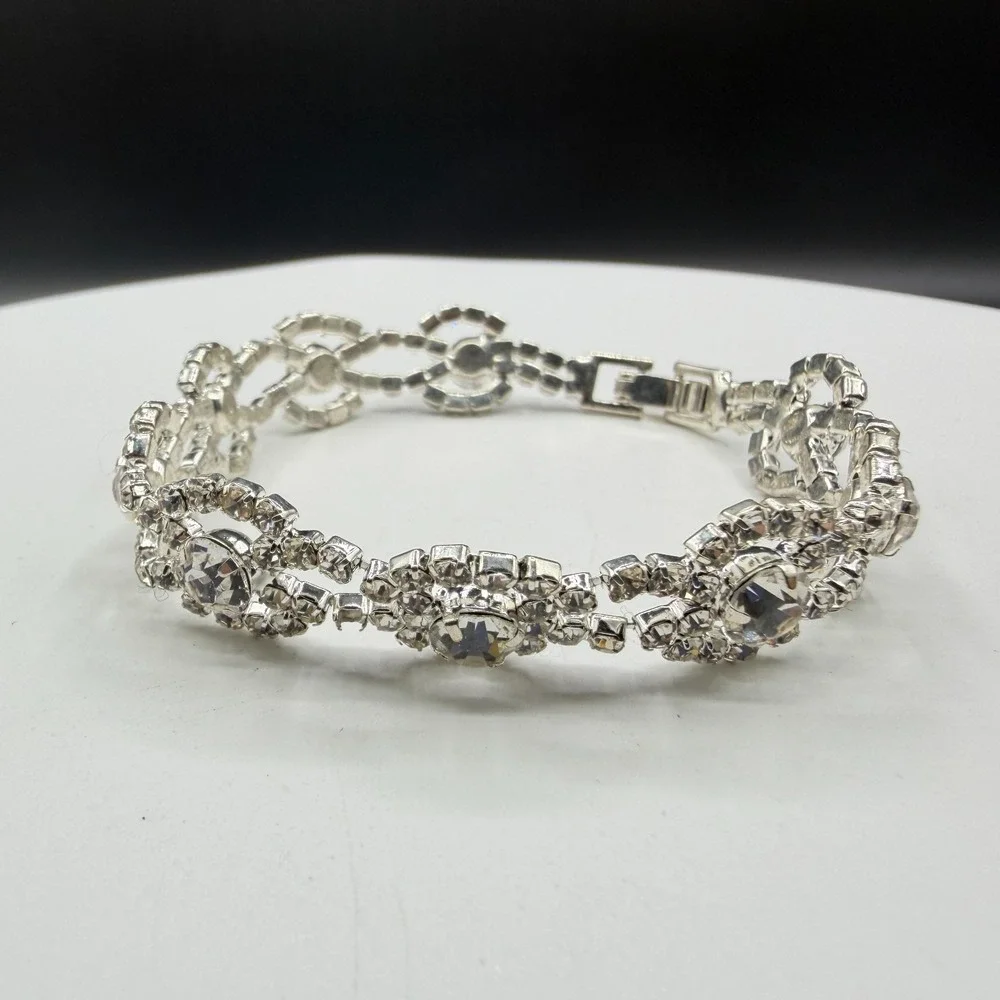 Clear Rhinestone Silver Tone Floral Link Bracelet Bridal Statement Jewelry Gift